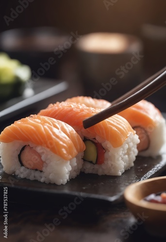 Person enjoying California roll sushi with chopsticks on plate