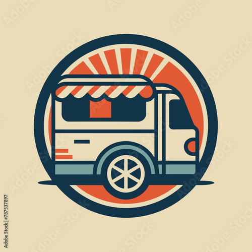 A food truck with a canopy awning parked on a street, A minimalist logo featuring a stylized silhouette of a food truck
