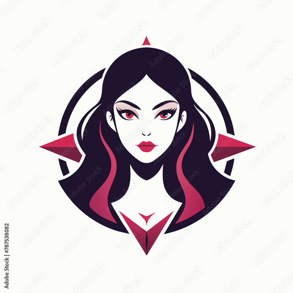 Close-up of a womans face showcasing striking red and black hair colors, A minimalist logo for a bold makeup brand with a strong, graphic icon Close-up of a womans face showcasing striking red and black hair colors, A minimalist logo for a bold makeup brand with a strong, graphic icon