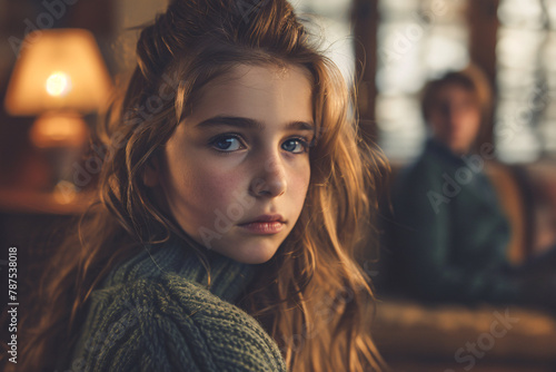 Child of divorce, a young girl looking towards the camera, her mother is sitting in the background © Dennis