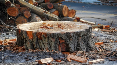 Logs are found scattered while freshly cut wood is seen on the stump