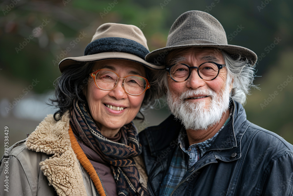 An active happy Asian senior couple smiling at the camera, they're both wearing glasses and a hat An active happy Asian senior couple smiling at the camera, they're both wearing glasses and a hat
