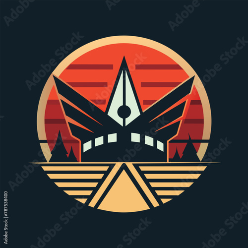 A logo featuring black and orange colors with trees in the background, A minimalist logo inspired by a classic movie genre, minimalist simple modern vector logo design