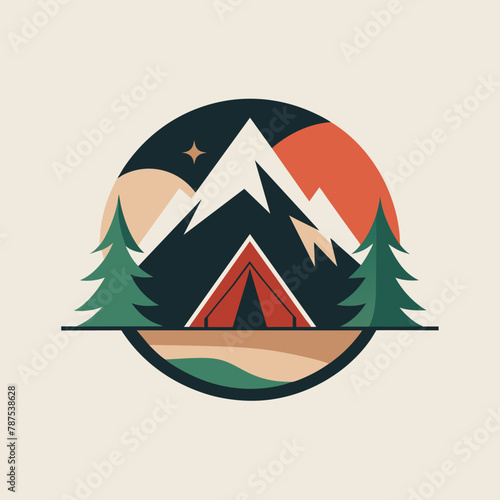 A tent pitched in the wilderness, surrounded by mountains and trees in the background, A minimalist logo of a tent pitched in the wilderness, minimalist simple modern vector logo design