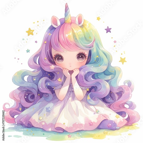 Beautiful unicorn girl in pastel colors, white background