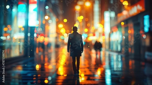 A person walking down a city street at night with lights, AI
