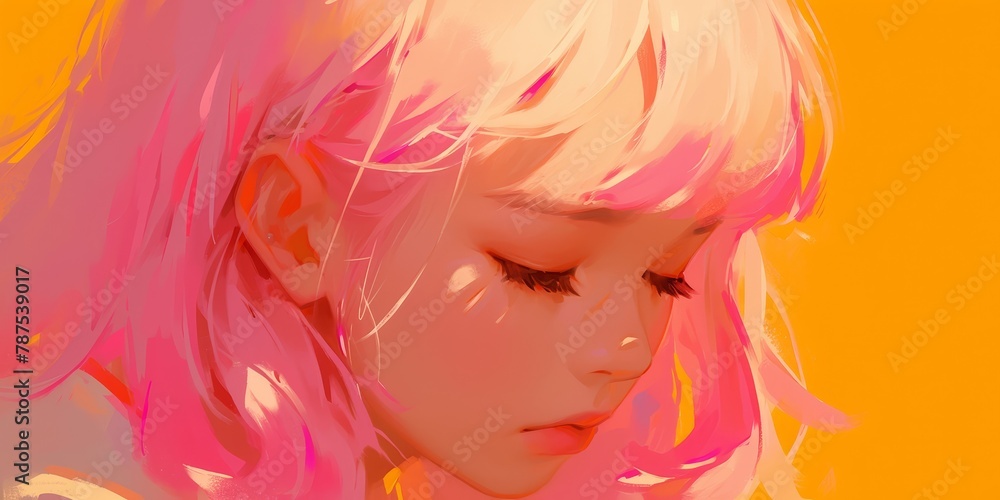 Closeup of an Asian girl with pink hair, head slightly tilted down, eyes closed, pastel orange background