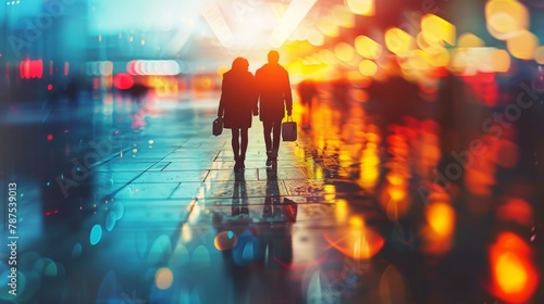 A couple of a man and woman walking down the street, AI