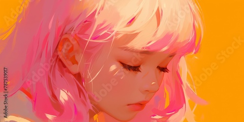 Closeup of an Asian girl with pink hair, head slightly tilted down, eyes closed, pastel orange background