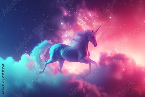 Unicorn in clouds  fairy creature in pink sky