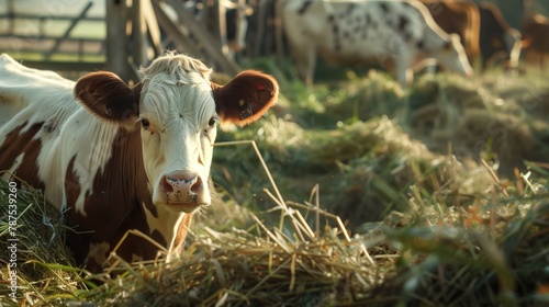 Close up portrait of young cattle cow among the straw on the farm. Modern farming concept