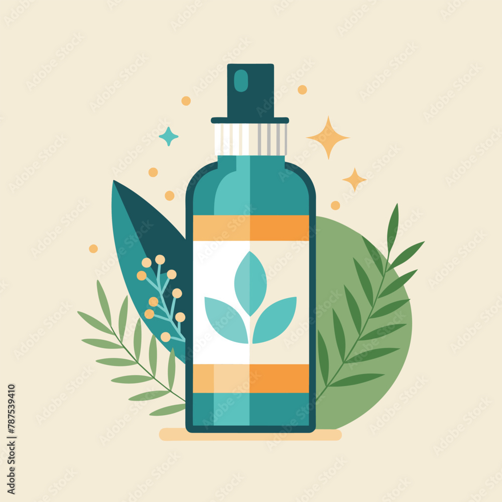 A green leaf resting on top of a bottle in a modern setting, A modern interpretation of a skincare bottle or packaging, emphasizing simplicity and sophistication
