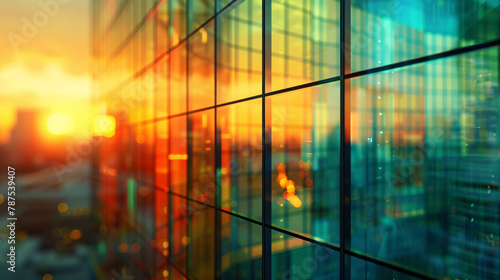 Glass window reflections, empty corporate office background, abstract window patterns, and light flares background
