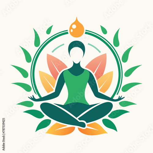 A woman sits cross-legged with her feet on her thighs in a lotus position, A modern interpretation of the interconnectedness of yoga and nature