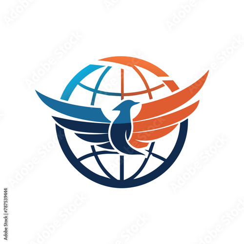 A bird with wings flying around a globe in a modern logo design, A modern logo with a stylized world map and flying bird, minimalist simple modern vector logo design