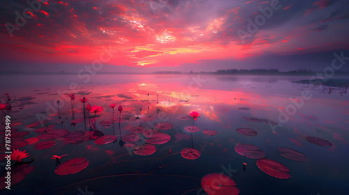 The serene beauty of a lotus pond at sunrise, shot using a polarizing filter to cut the glare on the water and enhance the vibrant colors of the flowers photo