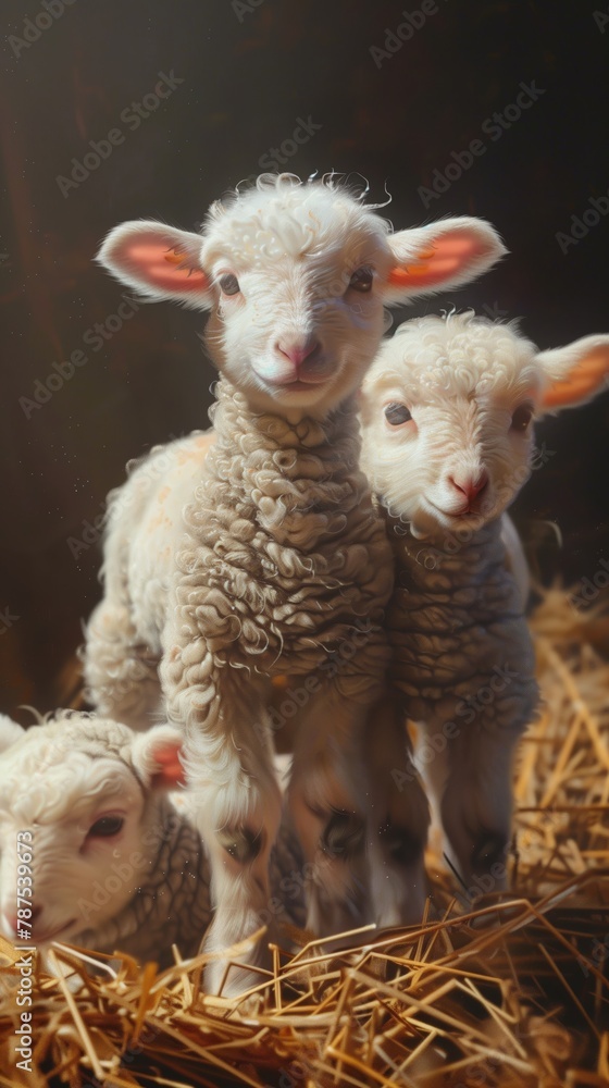 Obraz premium Little cute lambs looks out of the flock of sheep on a farm on a sunny day, eco farm concept.