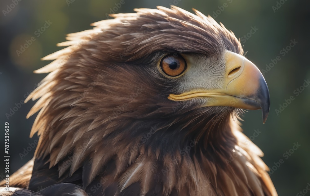 Fototapeta premium Close up of golden eagles head against mountain backdrop
