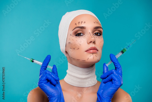 Fotografie Photo of lady patient hold syringe with botox medication for plastic surgery iso
