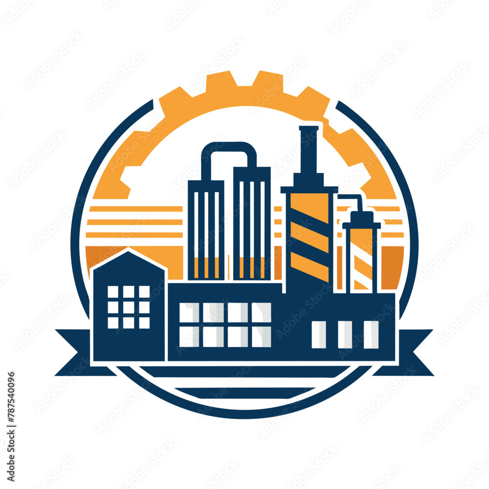 A logo design featuring a factory silhouette with a factory building in the background, An artistic representation of a manufacturing plant's machinery and processes