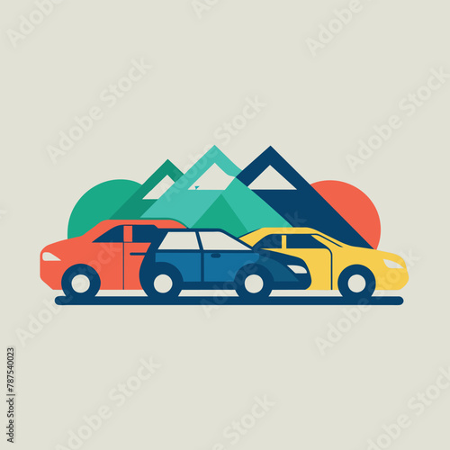 A pair of cars parked adjacently in a parking lot, An abstract representation of rental cars in a minimalist color palette