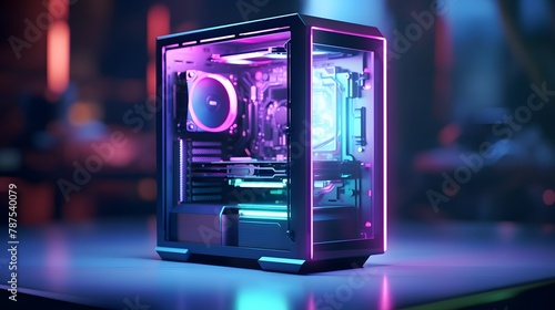 Close-up shot of a gaming PC, emphasizing the isolated screen for showcasing app or game presentations, enclosed in a sleek modern case with mesmerizing RGB lights.