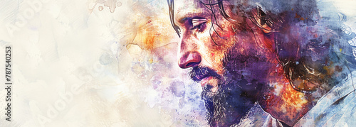 Jesus Christ on abstract grunge background. Panoramic banner. 