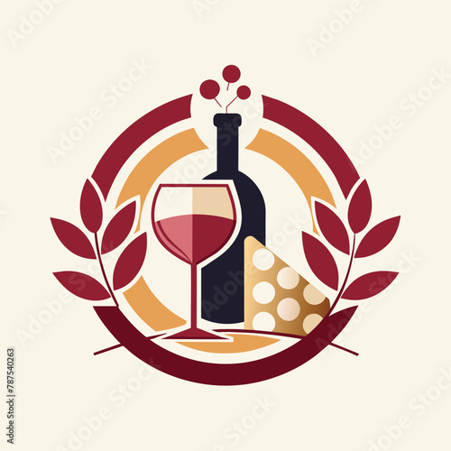 A bottle of wine and a glass of wine are placed on a table, An elegant logo for a wine and cheese pairing company, minimalist simple modern vector logo design