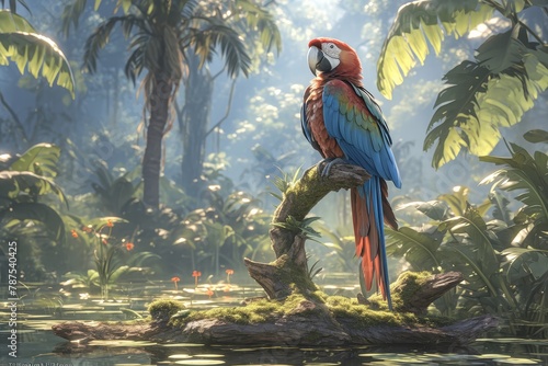 digital illustration of colorful parrot on jungle background