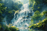 enchanting waterfall oasis surrounded by lush greenery and blooming flowers in a serene natural landscape
