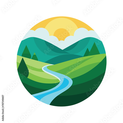 A green landscape with rolling hills and a calm river running through it, A serene landscape with rolling hills and a calm river, minimalist simple modern vector logo design