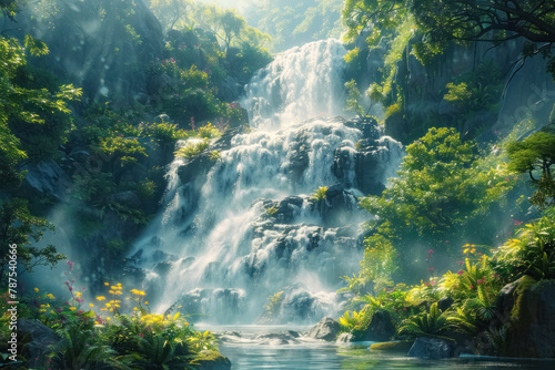 enchanting waterfall oasis surrounded by lush greenery and blooming flowers in a serene natural landscape