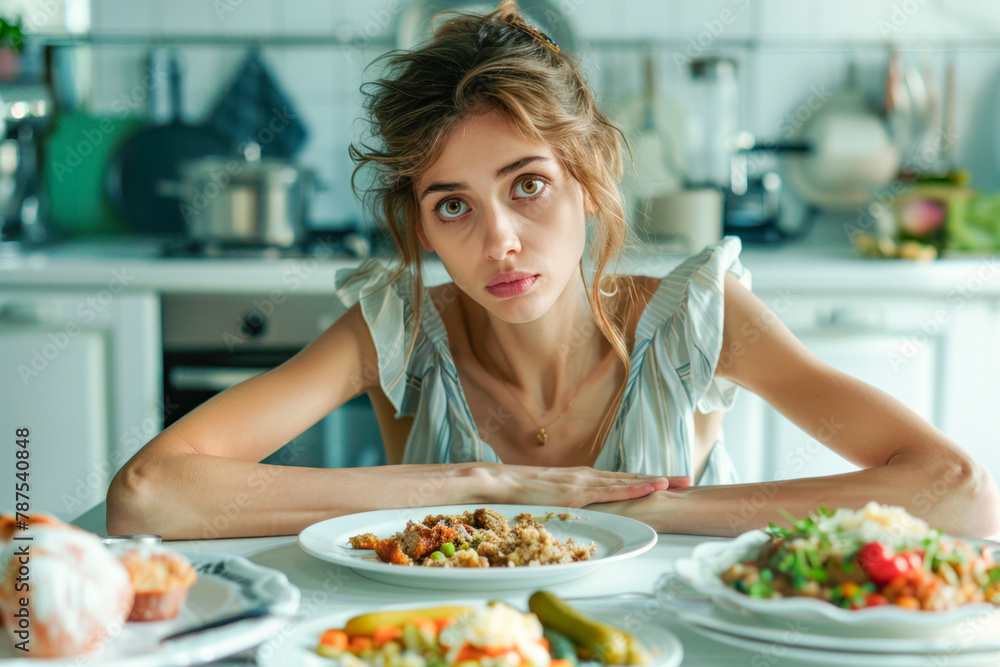 A Caucasian girl with anorexia problem, very thin and sickly looking, sits at the table in front of a plate of food in the kitchen. Concept problem of anorexia