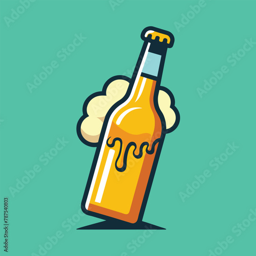 A beer bottle with foam in the foreground, against a backdrop of fluffy clouds in the sky, A simple design of a beer bottle with foam coming out, minimalist simple modern vector logo design