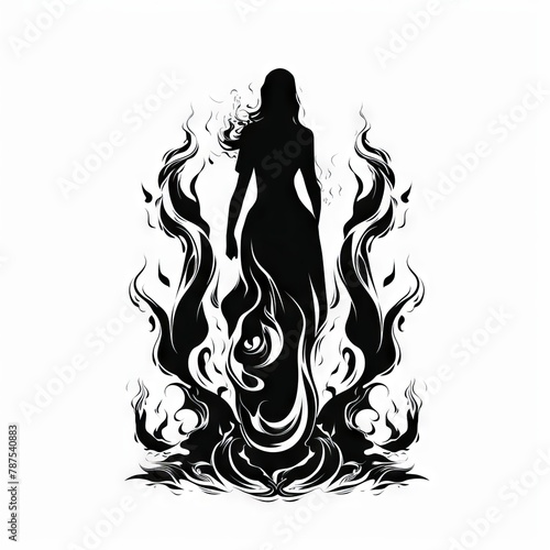 Silhouette of woman enveloped in stylized flames on white backdrop. Female figure in magical fire. Witch. Black and white design. Concept of mystique, fantasy, inner strength, struggle. Graphic art