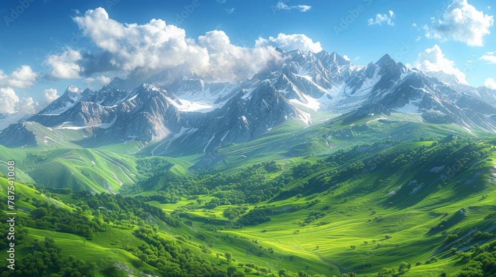 A beautiful view of a mountain range with green grass and snow, AI A beautiful view of a mountain range with green grass and snow, AI
