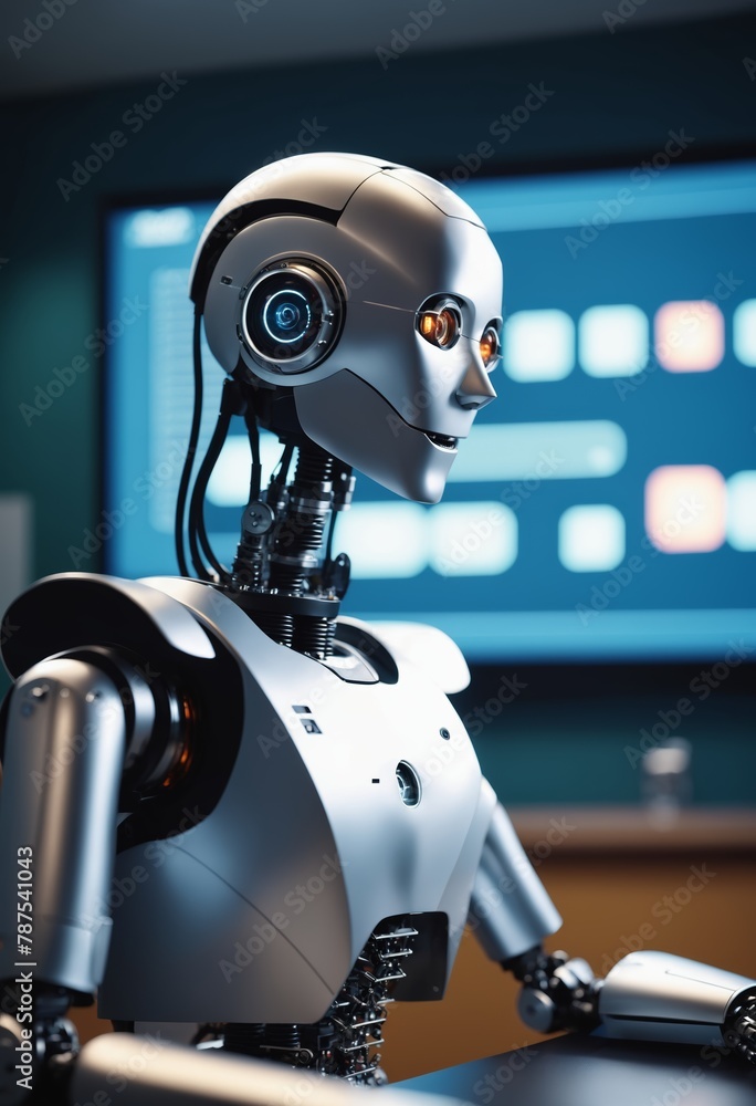 A machine is on a desk in a classroom, as a robot sits next to it A machine is on a desk in a classroom, as a robot sits next to it