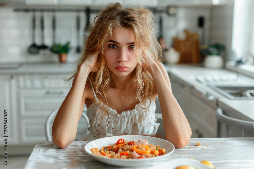 A young Caucasian woman suffering from mental disorder, schizophrenia and depression is sitting at the kitchen table with a plate. Sadness, aversion to food. Mental problems of youth A young Caucasian woman suffering from mental disorder, schizophrenia and depression is sitting at the kitchen table with a plate. Sadness, aversion to food. Mental problems of youth