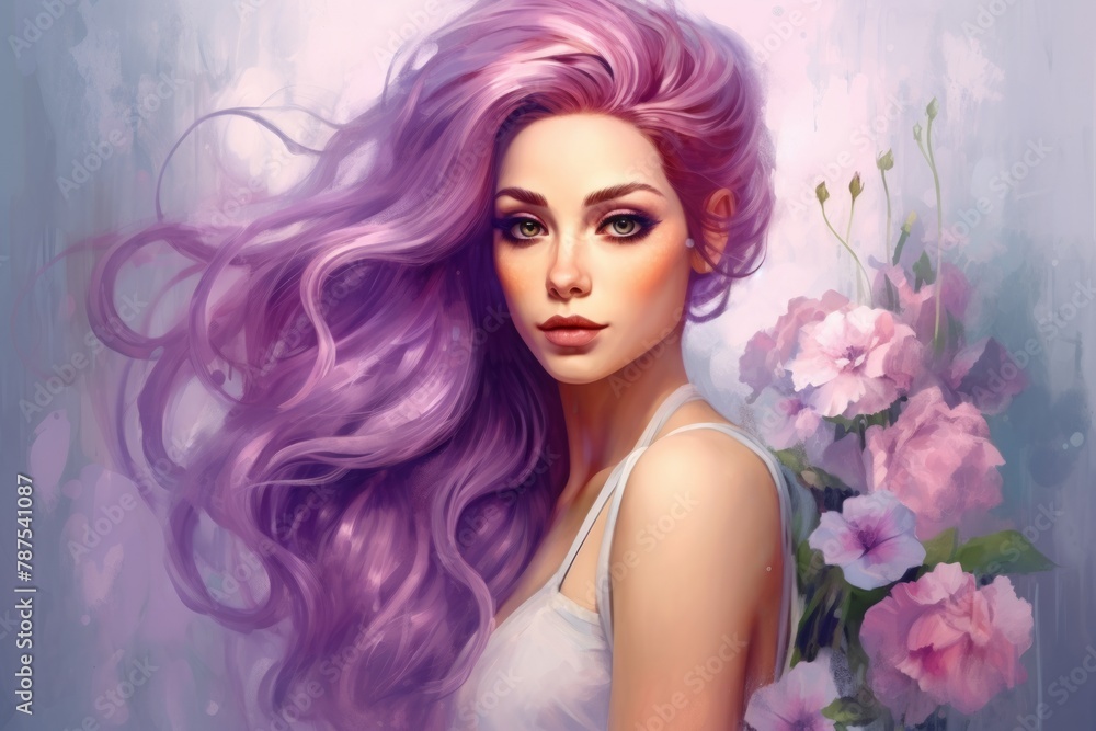 Serene woman with purple wavy hair and beautiful eyes. Portrait of romantic lady. Concept of feminine beauty, pastel portraiture, subtle elegance, delicate aesthetic. Oil painting style art