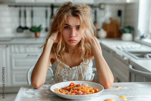 A young Caucasian woman suffering from mental disorder, schizophrenia and depression is sitting at the kitchen table with a plate. Sadness, aversion to food. Mental problems of youth