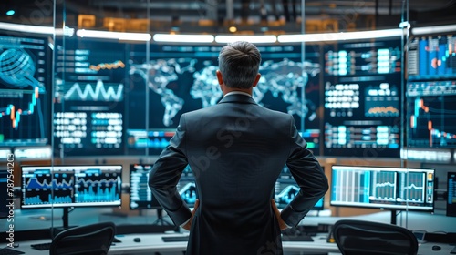 Businessman overlooking data analytics on global markets. Commanding presence in a high-tech monitoring room. Concept of international finance, market strategy, and executive decision-making. photo