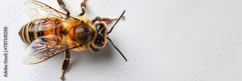 Bee macro isolated on a clean white background. Detailed bee. Concept of close up insect, entomology studies, and nature's intricacy. Banner. Copy space photo