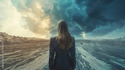 A woman stands in the middle of a desolate landscape, looking out at the horizon. The sky is dark and stormy, and the woman is alone. Scene is one of loneliness and isolation