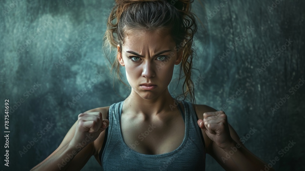A woman is standing with her hands on her hips and looking at the camera. She is angry or frustrated A woman is standing with her hands on her hips and looking at the camera. She is angry or frustrated