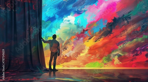 A man stands in front of a curtain, looking out into the sky. The sky is filled with colorful clouds and stars, creating a dreamy and ethereal atmosphere. The man is in awe of the beauty of the scene