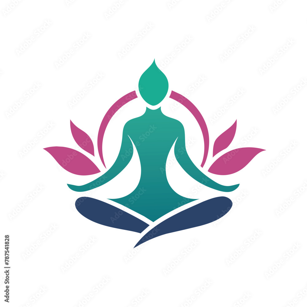 A person sits cross-legged in a lotus position surrounded by green leaves, A sleek logo featuring a minimalist design of a yoga pose A person sits cross-legged in a lotus position surrounded by green leaves, A sleek logo featuring a minimalist design of a yoga pose