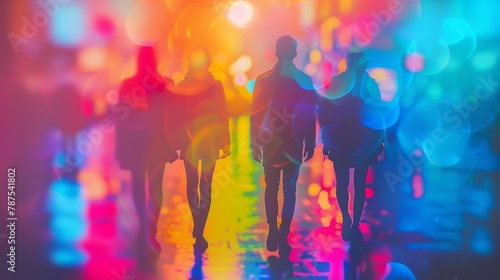A group of people walking down a street with colorful lights, AI