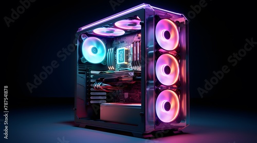 An immersive image of a gaming PC featuring a modern case with dynamic RGB lights  an isolated screen  and a white solid background  offering an optimal environment for mockup  app  or game presentati