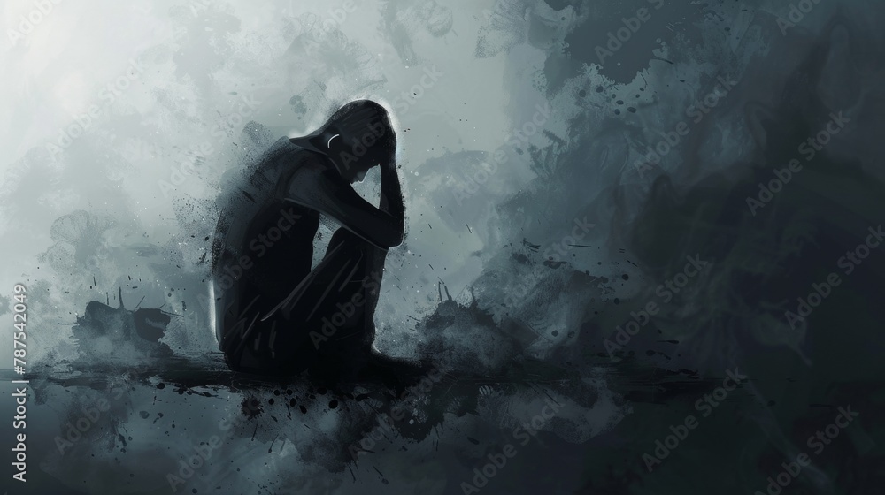 Obraz premium A man is sitting on a bench in the rain, looking down and looking sad. Scene is melancholic and contemplative