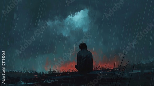 A man sits on a hillside in the rain, looking out at the fire. Scene is somber and reflective, as the man seems to be contemplating something. The rain adds to the sense of melancholy photo